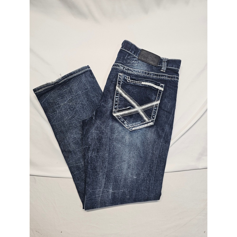 True Luck Men Straight Leg Jeans 36x32 Dark Wash Thick Stitch Embroidered Pocket